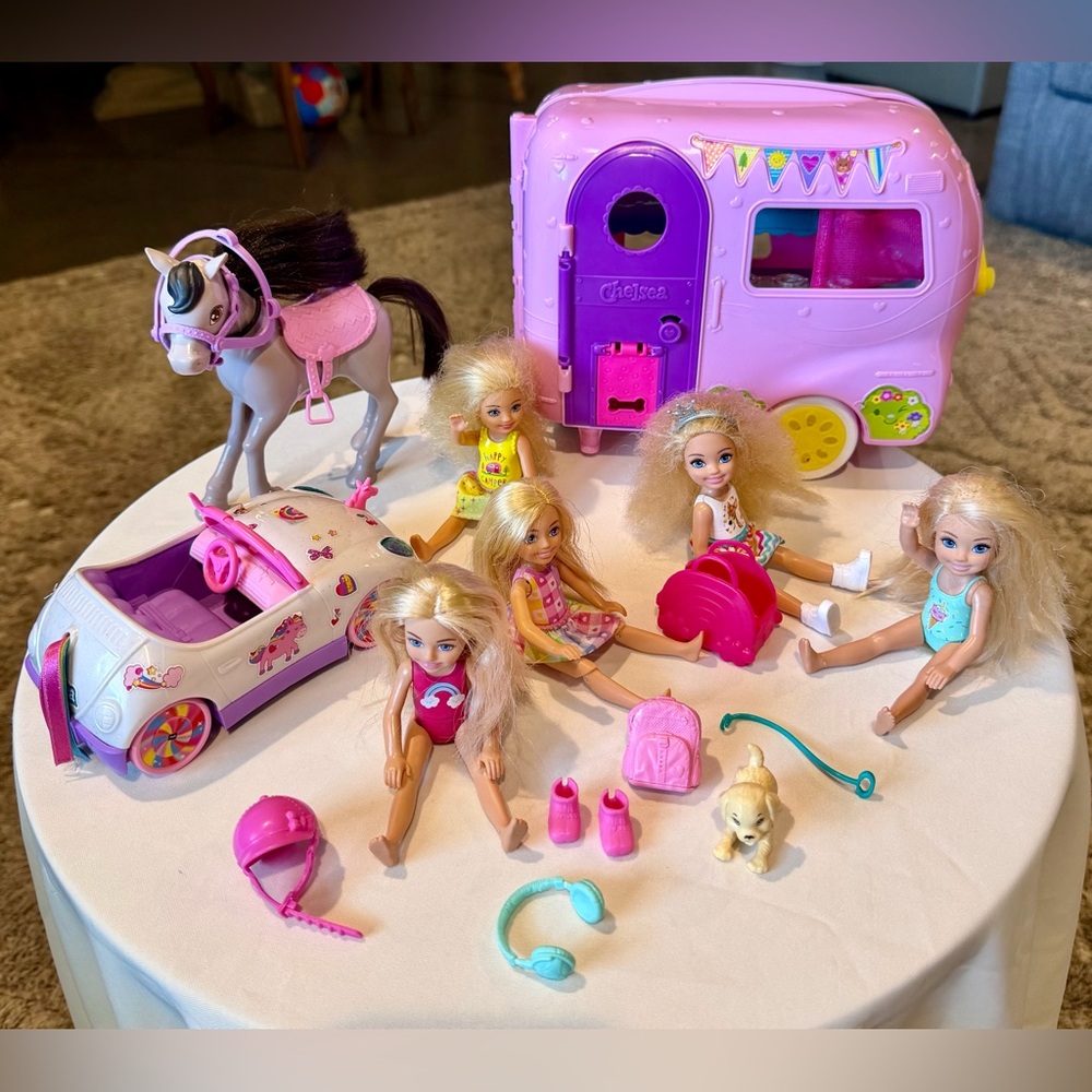 Little Sister Chelsea 5 Barbie Doll Set Pink Camper Carrier, Unicorn Car, & Pony